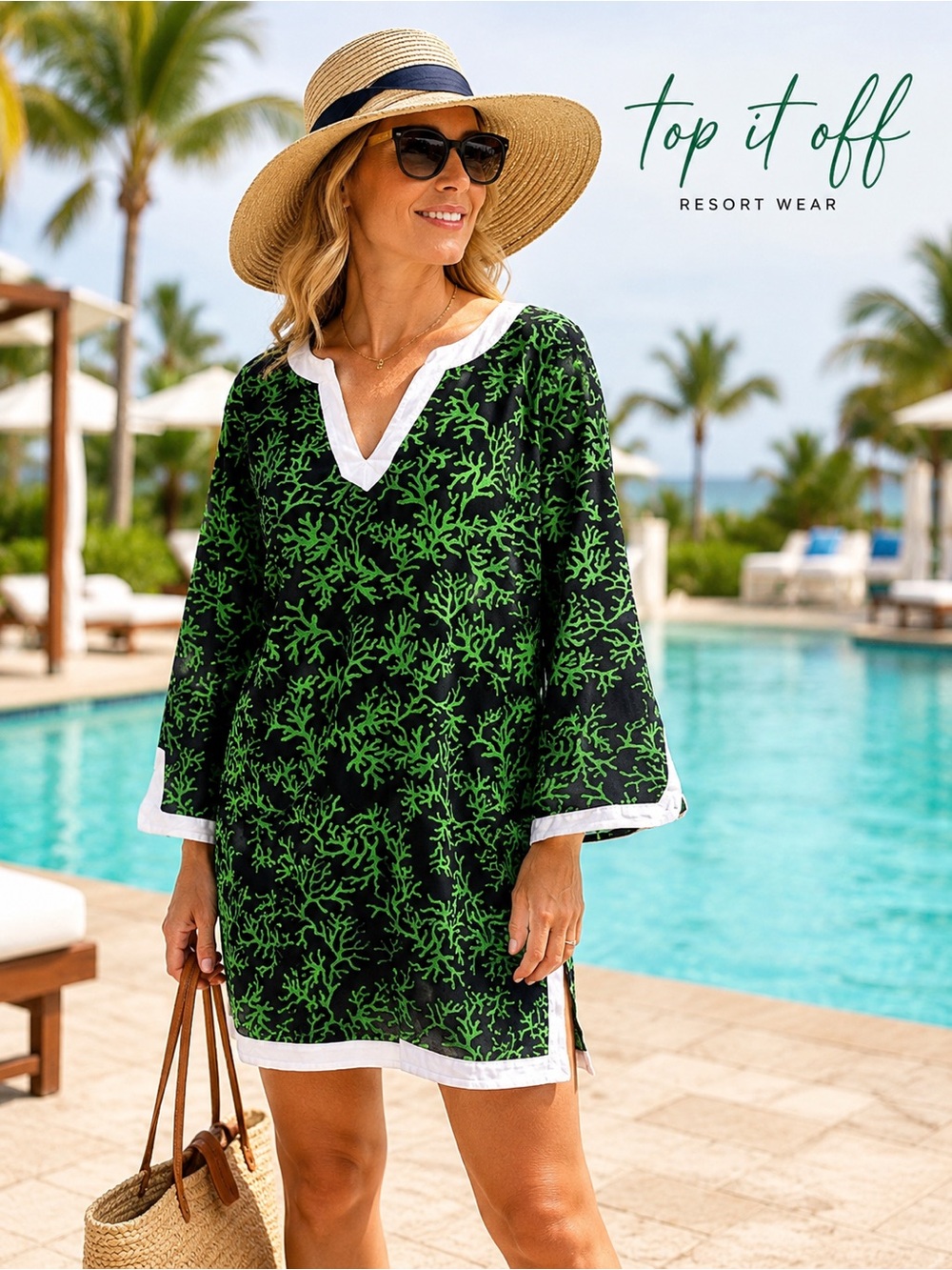 Top It Off,Green Coral Dress Resort Coastal Preppy Tunic Palm Beach Size Large - Picture 4 of 7